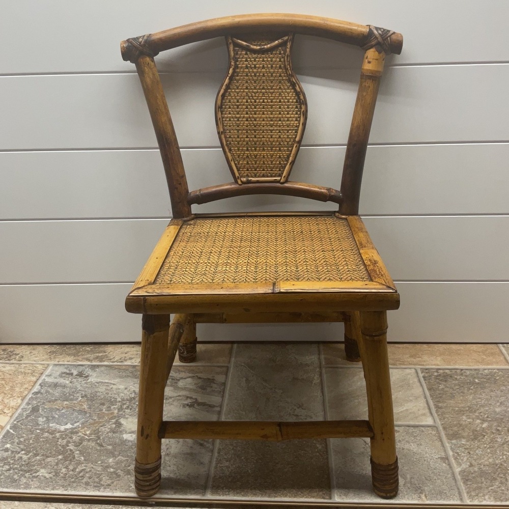 Vintage Burnt Bamboo Accent Chair Woven Wicker Child Size Boho Tropical Decor